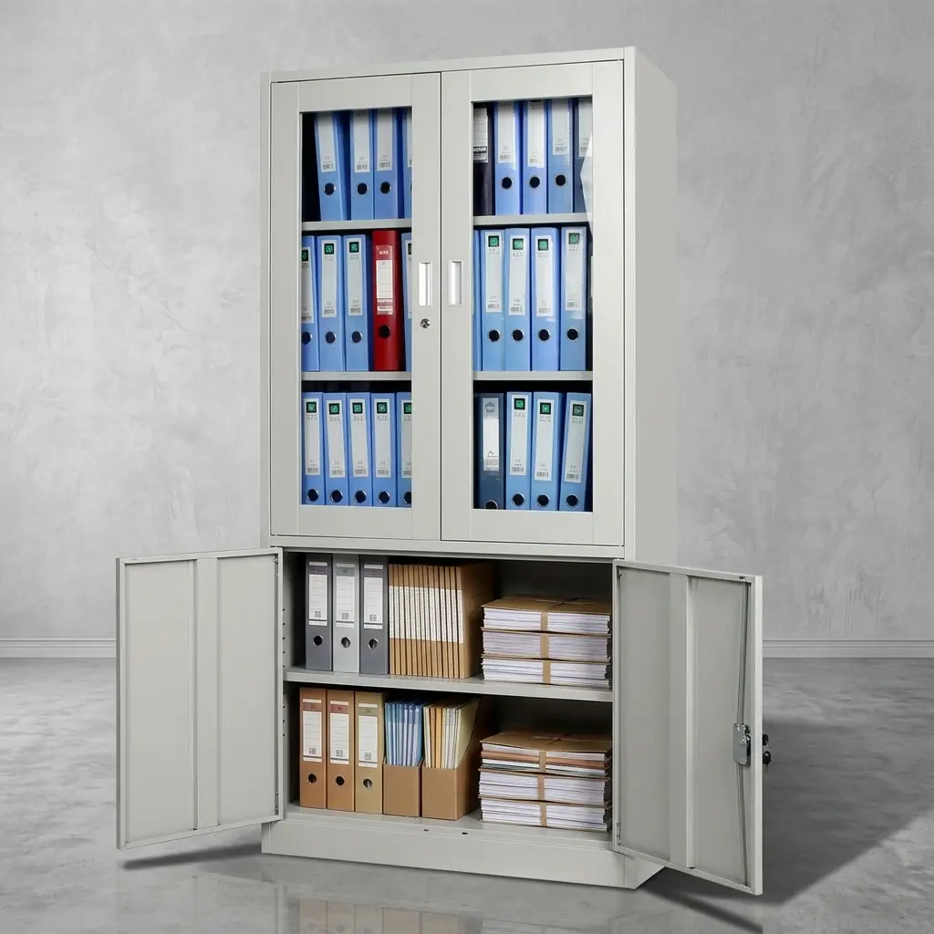 Lockable steel office filing cabinet with tempered glass display doors, solid metal lower storage, and multi-tier archive shelving.