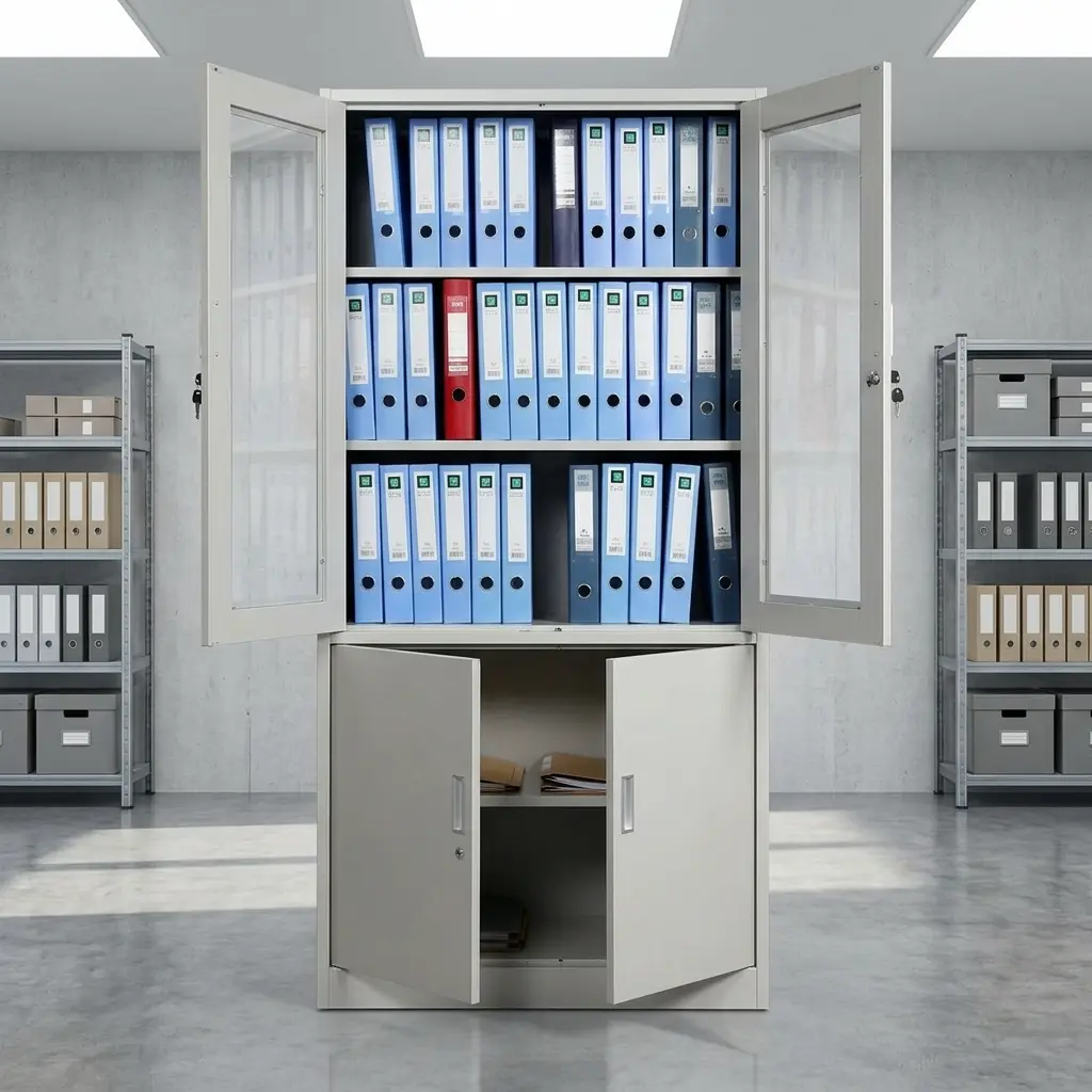 Lockable steel office filing cabinet with tempered glass display doors, solid metal lower storage, and multi-tier archive shelving.