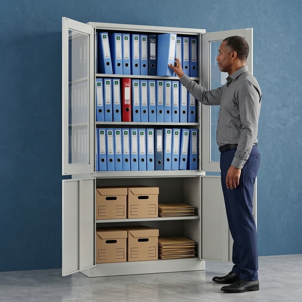 Lockable steel office filing cabinet with tempered glass display doors, solid metal lower storage, and multi-tier archive shelving.