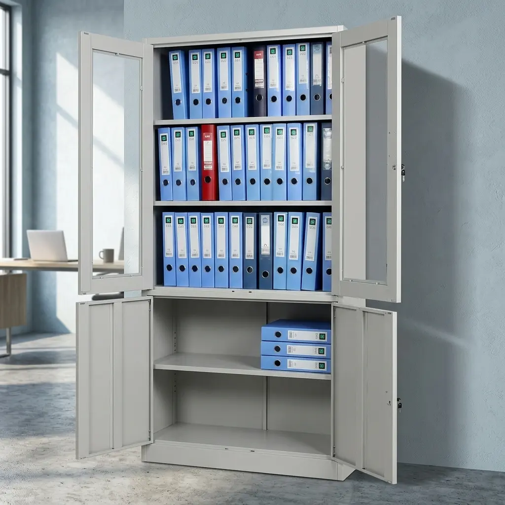 Lockable steel office filing cabinet with tempered glass display doors, solid metal lower storage, and multi-tier archive shelving.