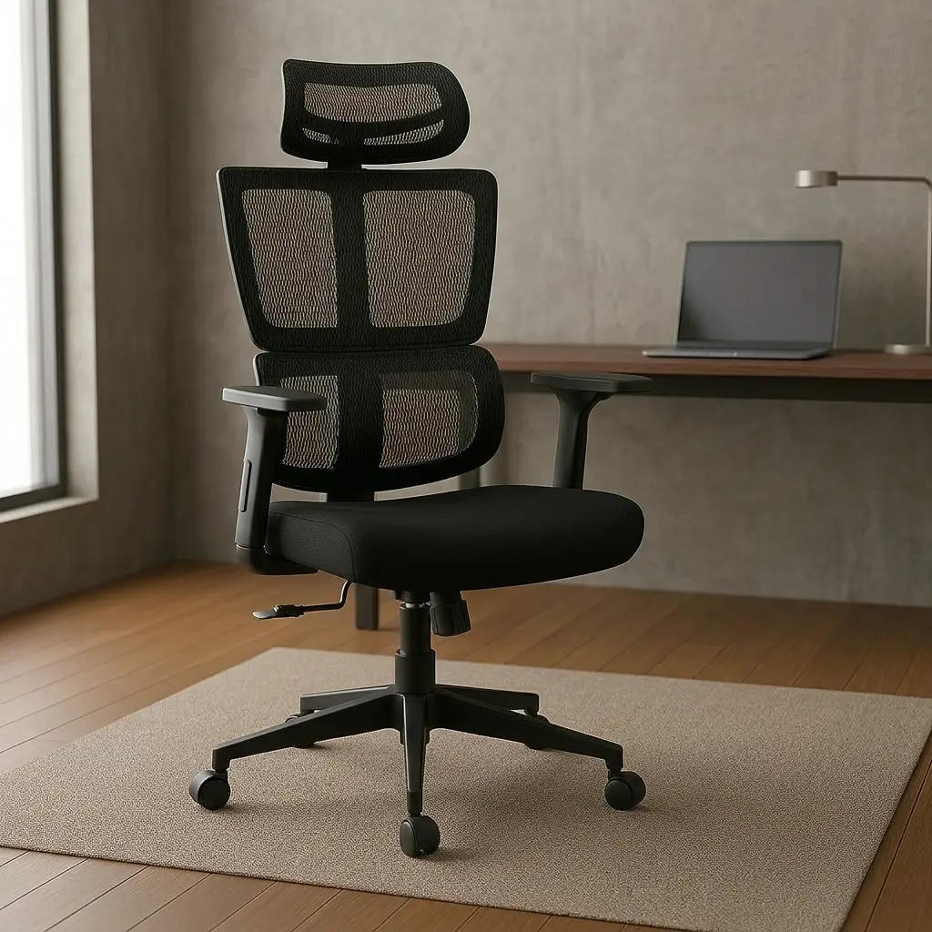 Adjustable orthopedic office chair with dual-zone mesh backrest, adjustable headrest, and dynamic lumbar support for professional workspaces.