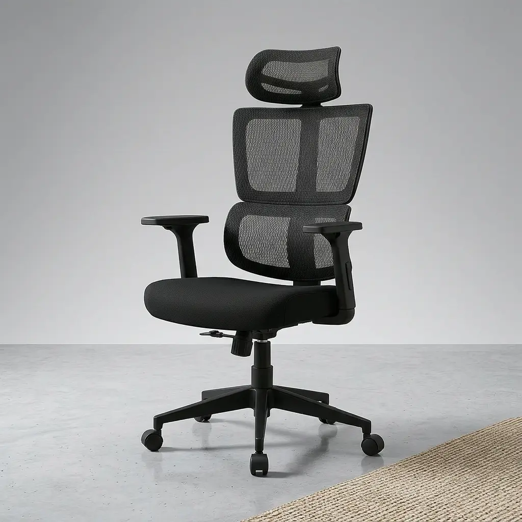 Adjustable orthopedic office chair with dual-zone mesh backrest, adjustable headrest, and dynamic lumbar support for professional workspaces.
