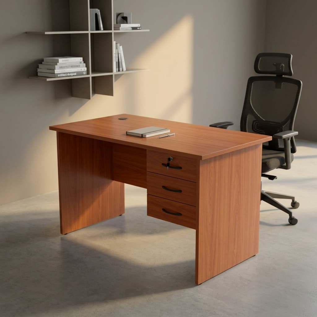 1.0m wooden office desk with three locking drawers, cherry wood finish, and integrated cable grommet for home offices.