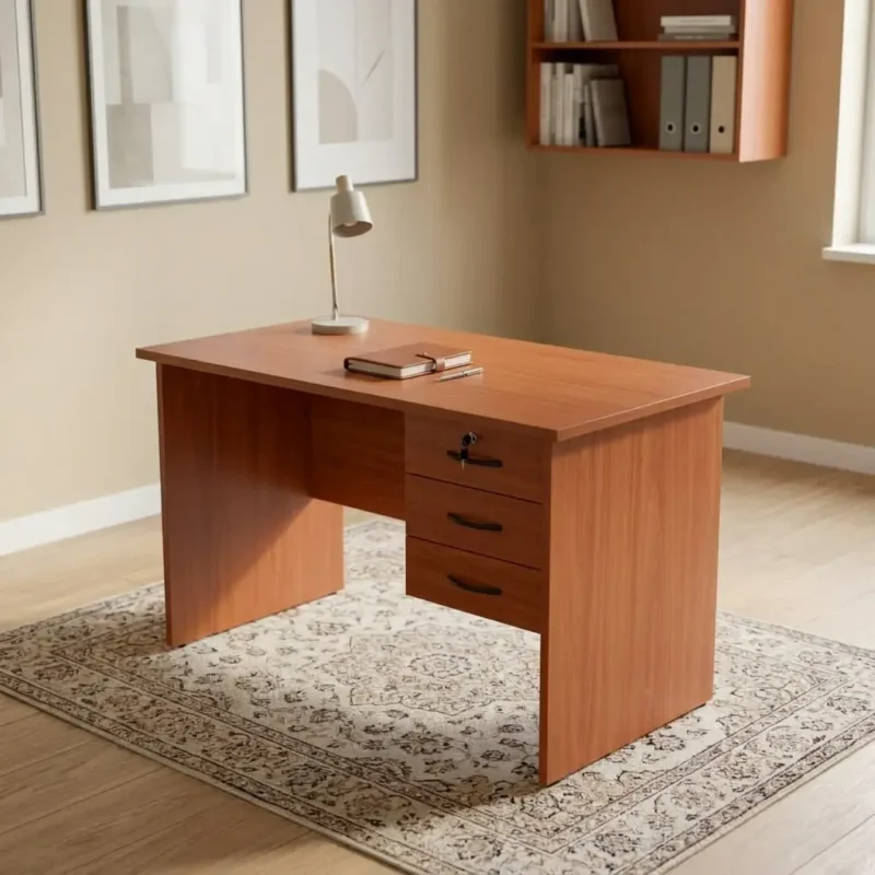 1.0m wooden office desk with three locking drawers, cherry wood finish, and integrated cable grommet for home offices.