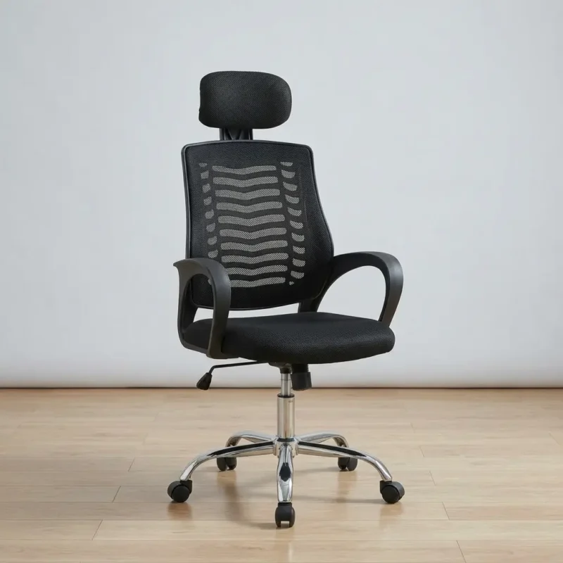 Swivel mesh office chair with breathable high-back, adjustable headrest, and chrome star base for ergonomic workstations.