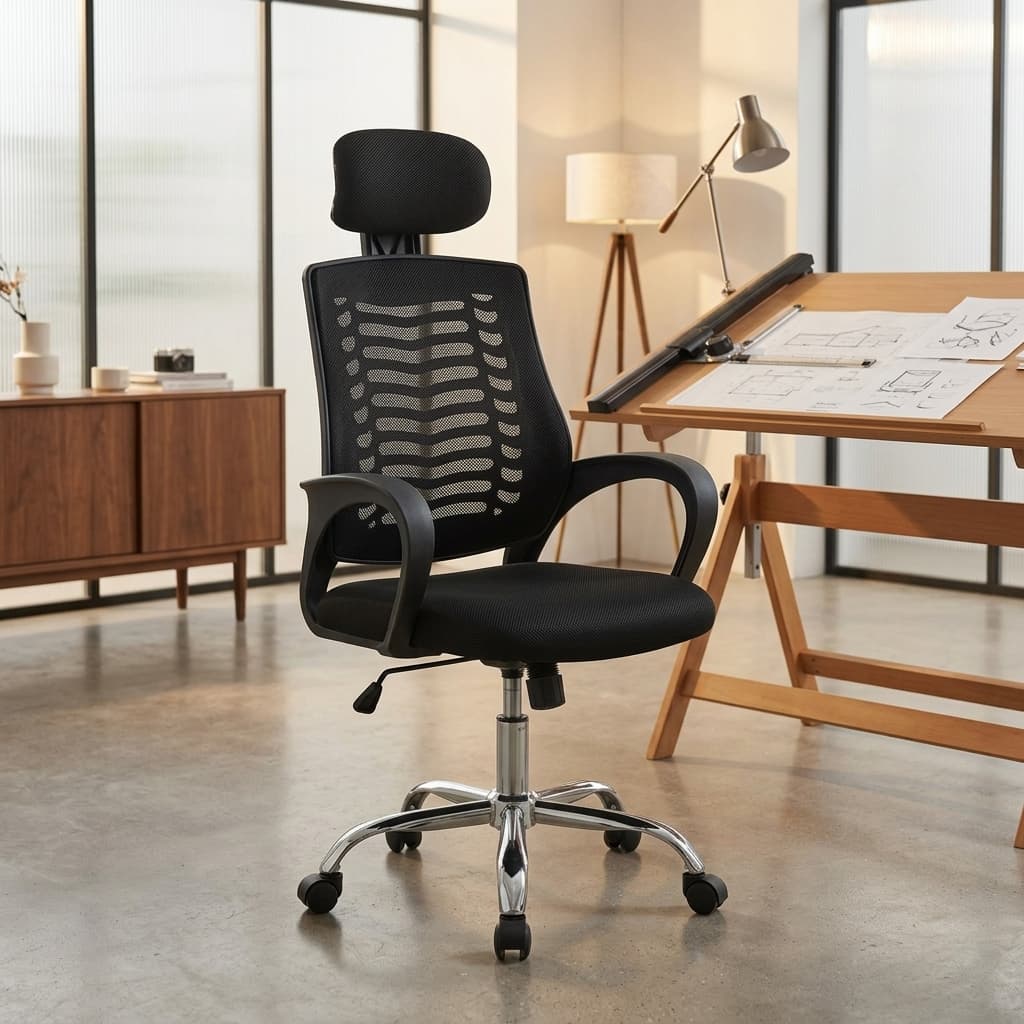Swivel mesh office chair with breathable high-back, adjustable headrest, and chrome star base for ergonomic workstations.