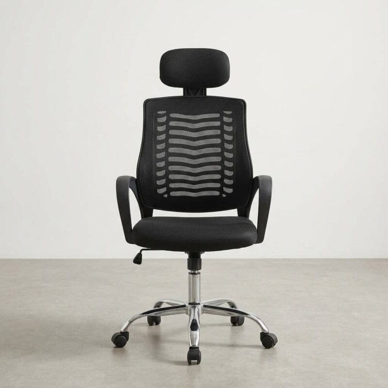 Black mesh swivel office chair with adjustable headrest, ergonomic lumbar support, and chrome base for professional workstations.