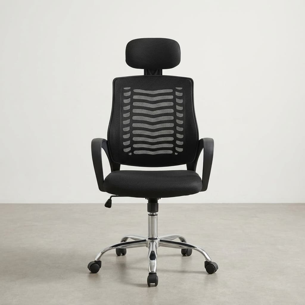 Black mesh swivel office chair with adjustable headrest, ergonomic lumbar support, and chrome base for professional workstations.
