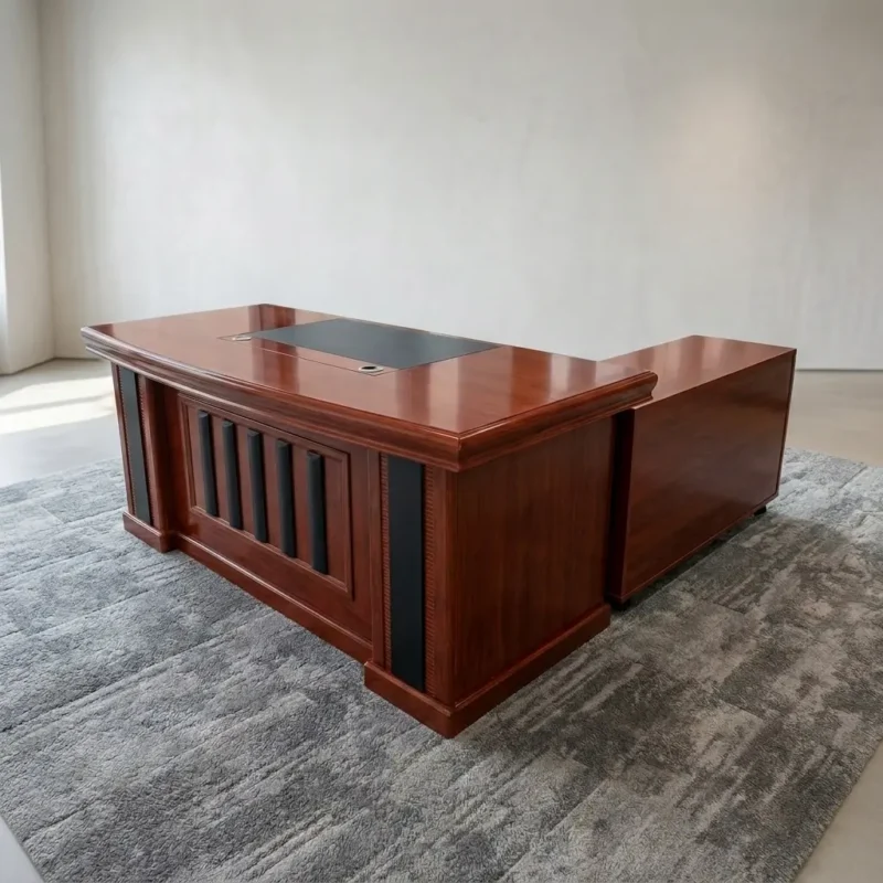 1.8m L-shaped executive office desk with mahogany wood finish, side return credenza, locking drawers, and leather-inlay top.