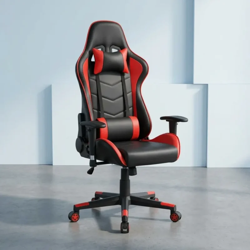 Adjustable red gaming chair with high-back faux leather upholstery, lumbar support pillow, headrest cushion, and 360-degree swivel base.