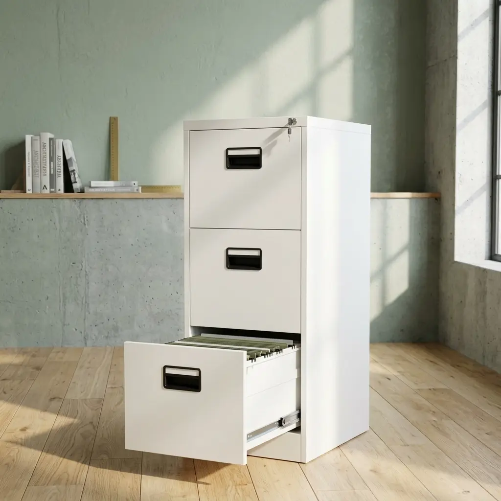 3-drawer white metal filing cabinet with central locking system and full-extension glides for office document storage.