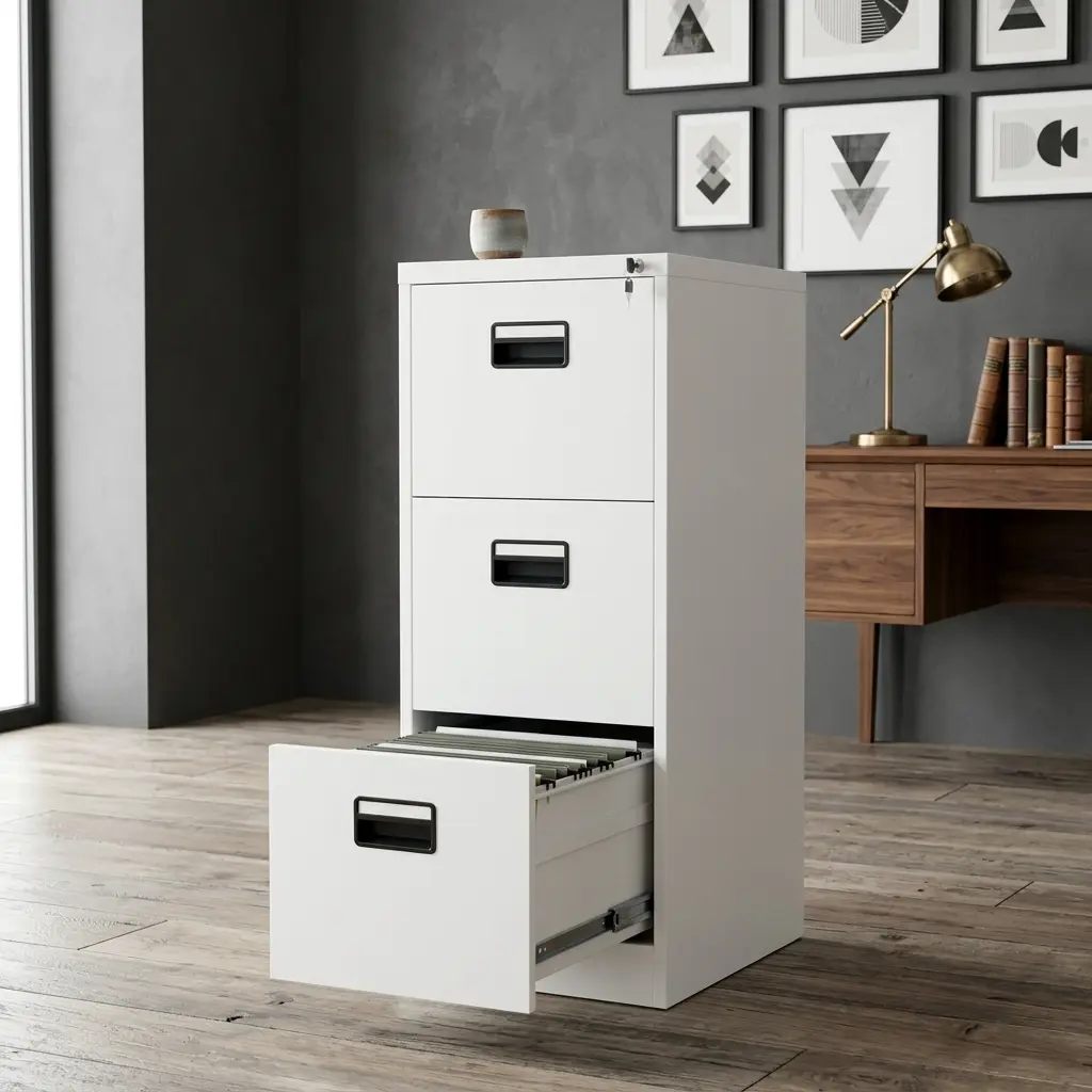 3-drawer white metal filing cabinet with central locking system and full-extension glides for office document storage.