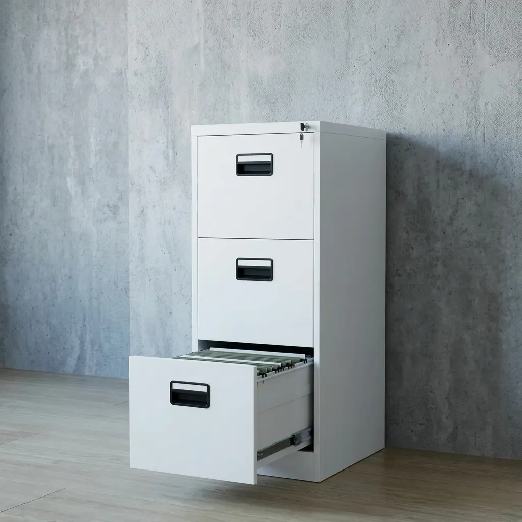 3-drawer white metal filing cabinet with central locking system and full-extension glides for office document storage.