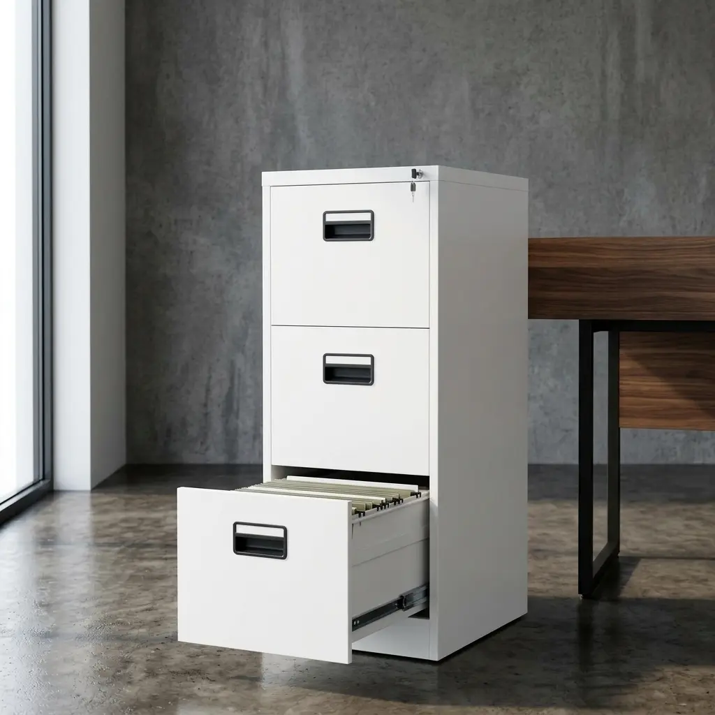 3-drawer white metal filing cabinet with central locking system and full-extension glides for office document storage.