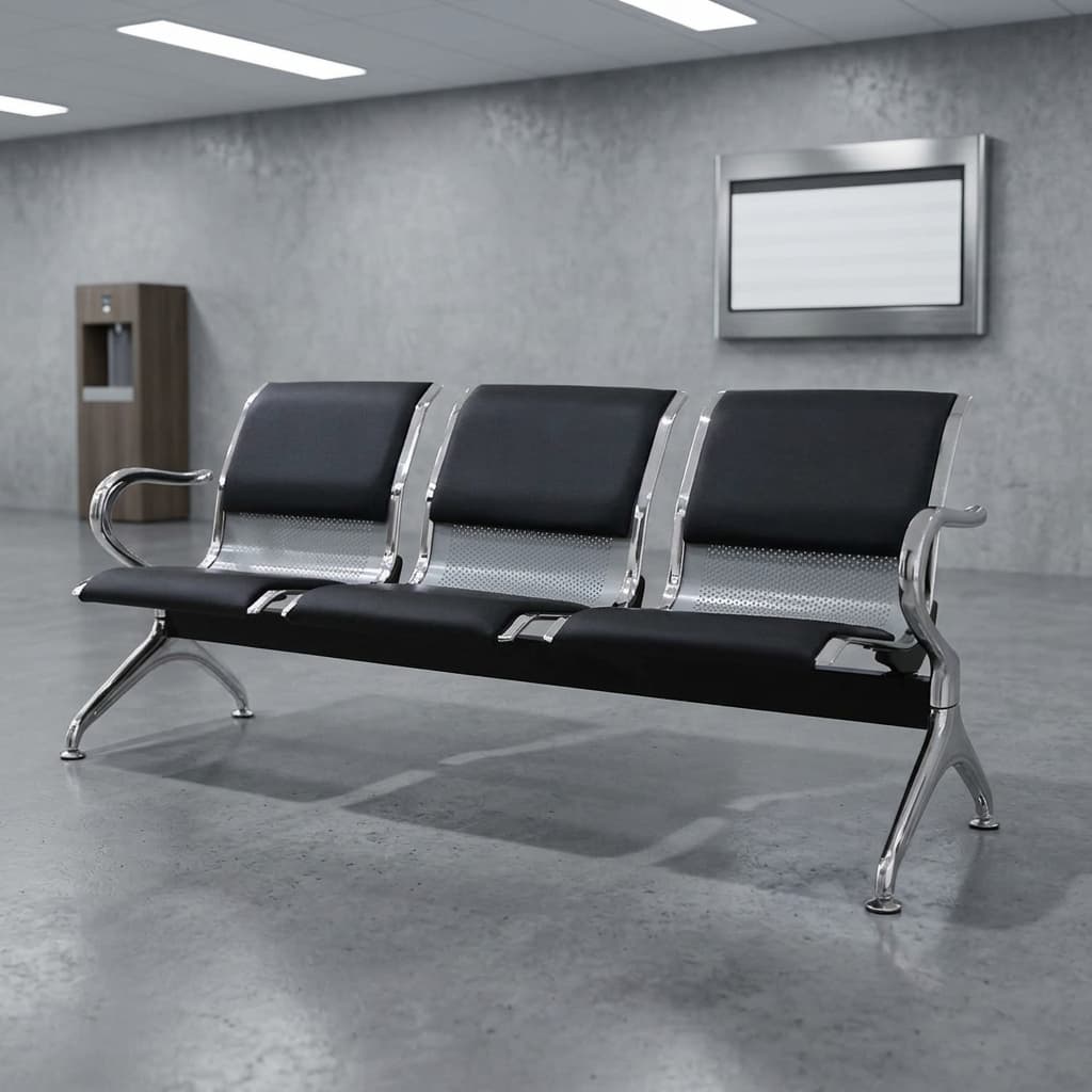 3-seater airport waiting bench with black padded leather seats, perforated metal backrest, and heavy-duty chrome frame for reception areas.