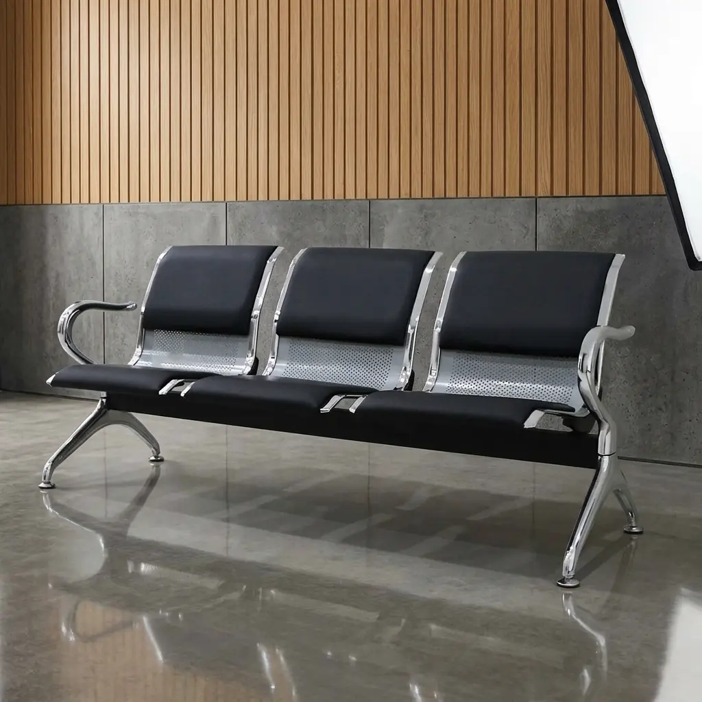 3-seater airport waiting bench with black padded leather seats, perforated metal backrest, and heavy-duty chrome frame for reception areas.