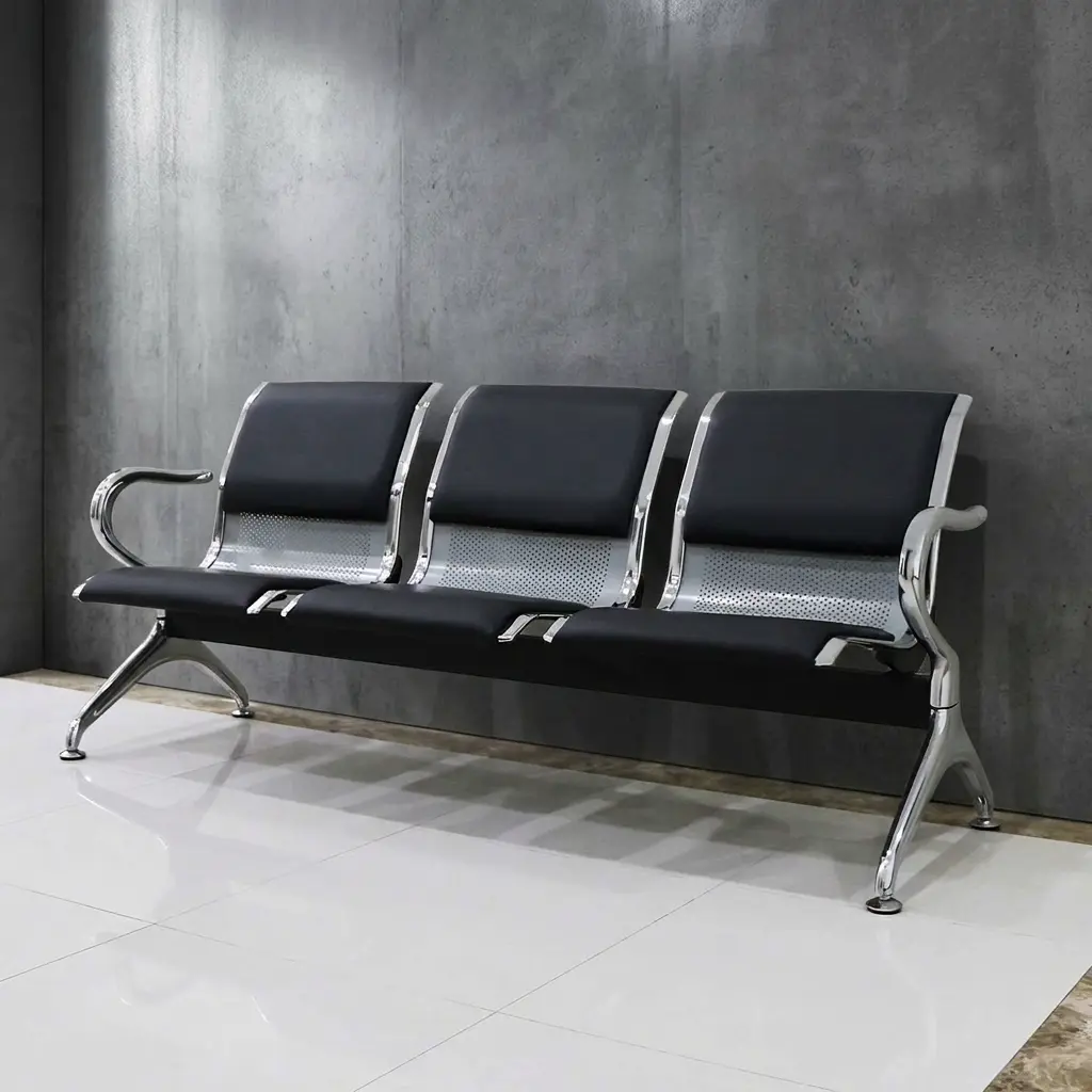 3-seater airport waiting bench with black padded leather seats, perforated metal backrest, and heavy-duty chrome frame for reception areas.