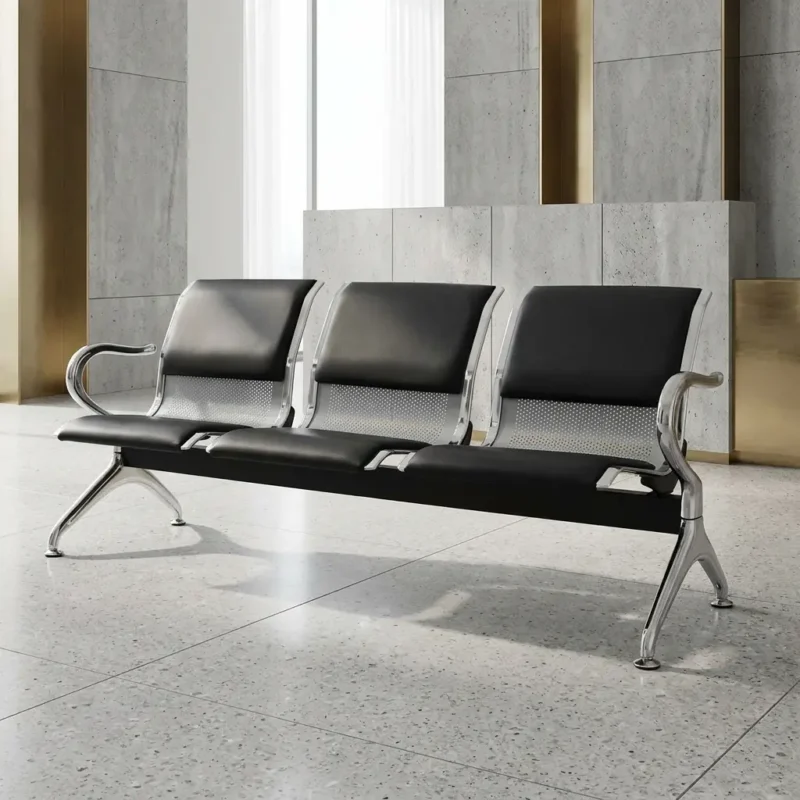 3-seater airport waiting bench with black padded leather seats, perforated metal backrest, and heavy-duty chrome frame for reception areas.