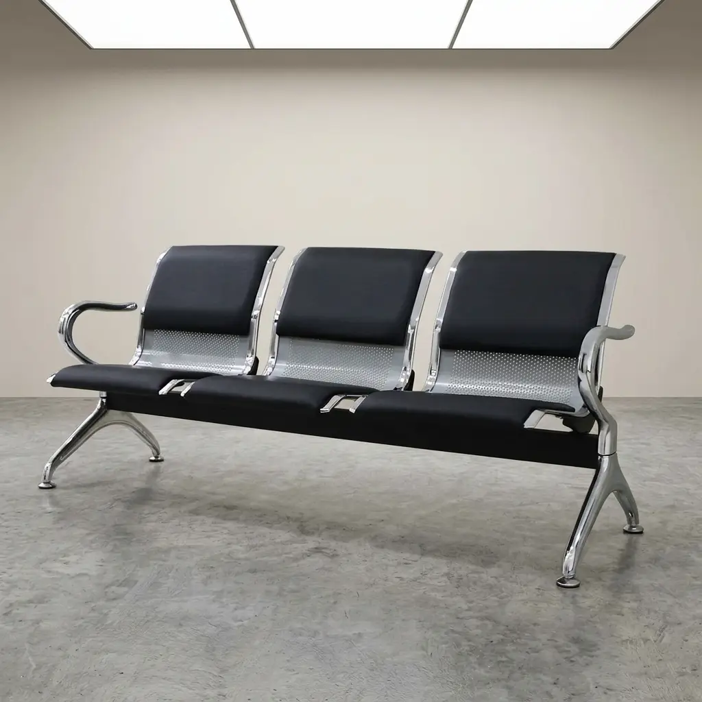 3-seater airport waiting bench with black padded leather seats, perforated metal backrest, and heavy-duty chrome frame for reception areas.