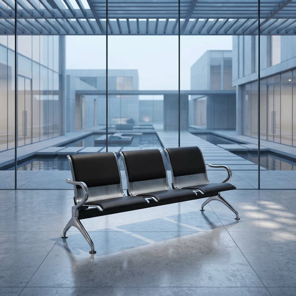 3-seater airport waiting bench with black padded leather seats, perforated metal backrest, and heavy-duty chrome frame for reception areas.