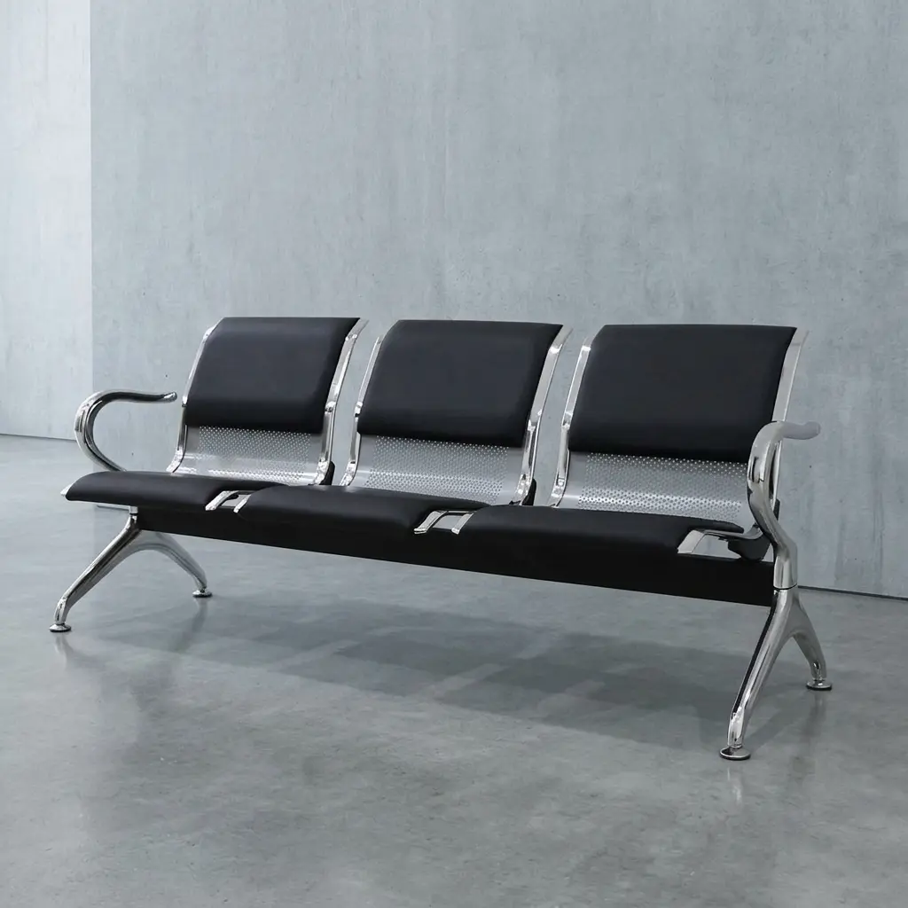 3-seater airport waiting bench with black padded leather seats, perforated metal backrest, and heavy-duty chrome frame for reception areas.