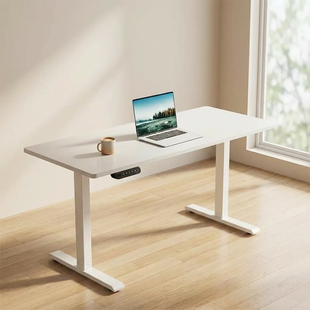 1.4m white height adjustable standing desk for home offices with electric lift system and modern minimalist T-frame.