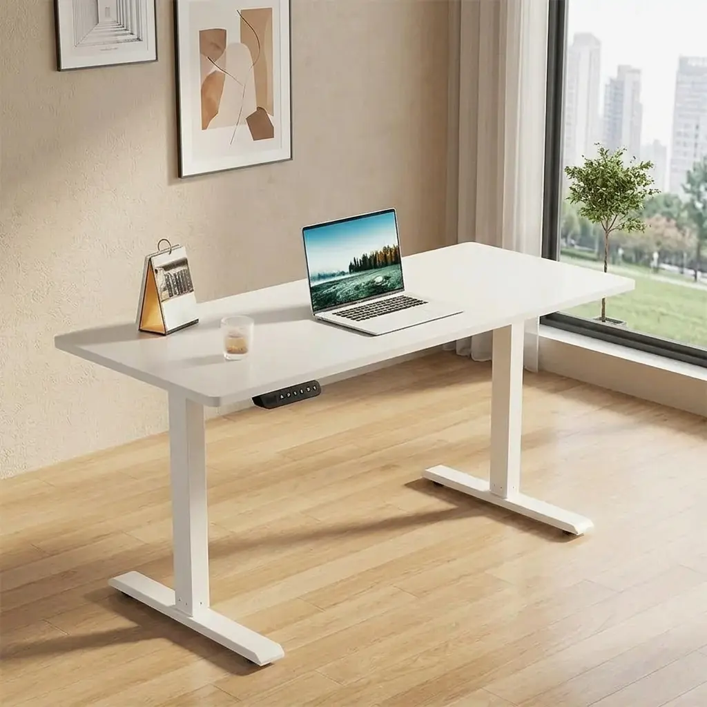 1.4m white height adjustable standing desk for home offices with electric lift system and modern minimalist T-frame.