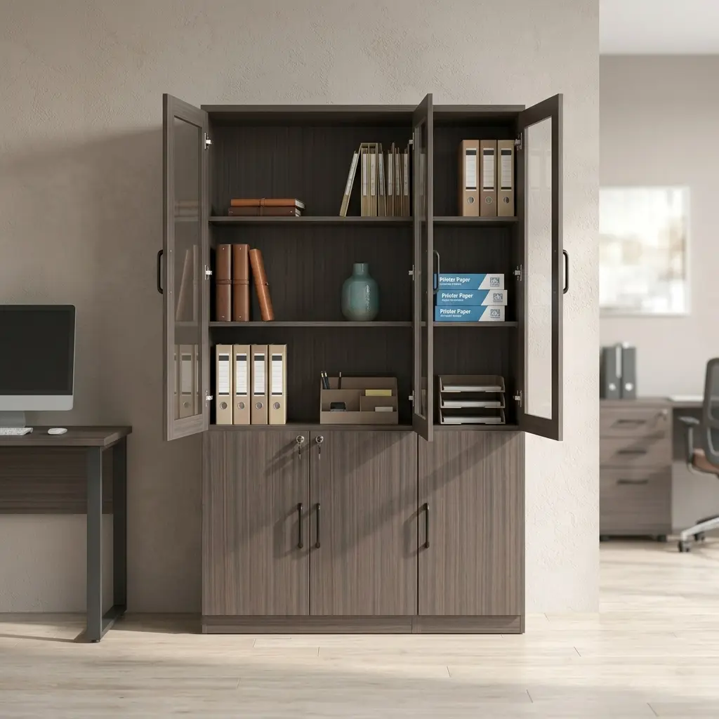 Modern Wooden Office Cabinet with Secure Lock and High-Capacity Storage Space