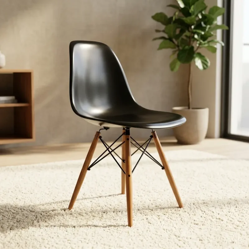 Black Modern Dining Chair with Ergonomic Molded Shell and Mid-Century Natural Wood Legs