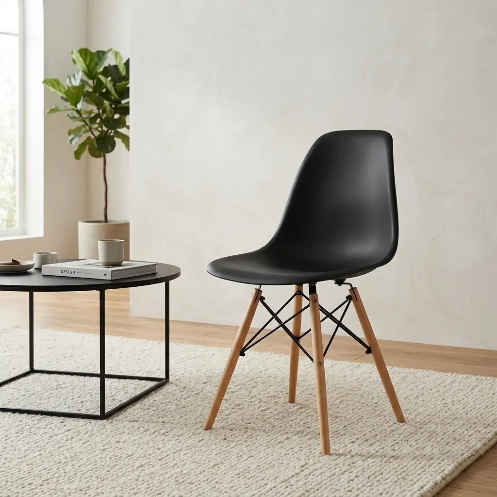 Black Modern Dining Chair with Ergonomic Molded Shell and Mid-Century Natural Wood Legs
