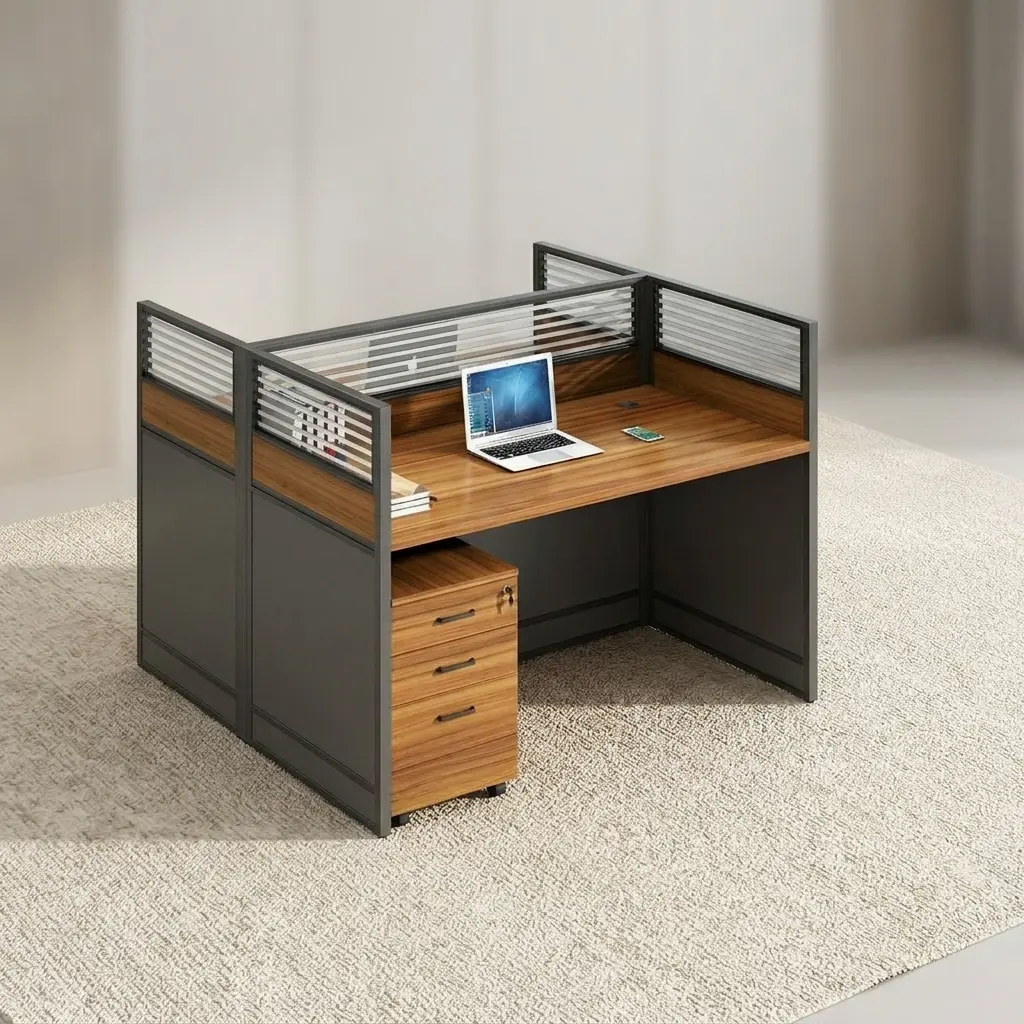 Modern 2-Way Office Workstation with Privacy Screens, Integrated Power Outlets, and Lockable Three-Drawer Pedestal