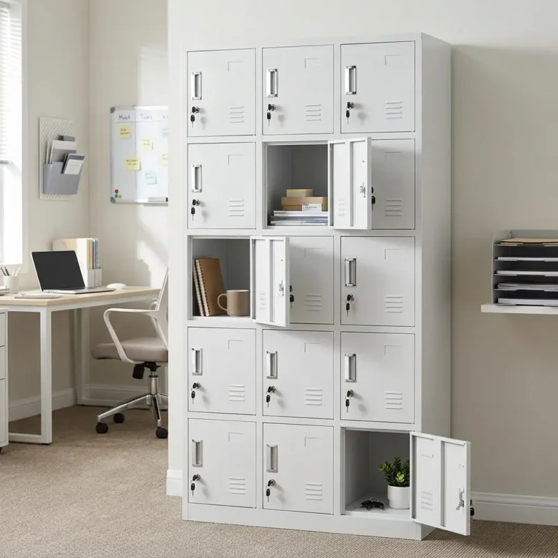 White 15-Door Metal Storage Locker with Secure Key Locks and Individual Name Tag Slots for Office or Gym Staff