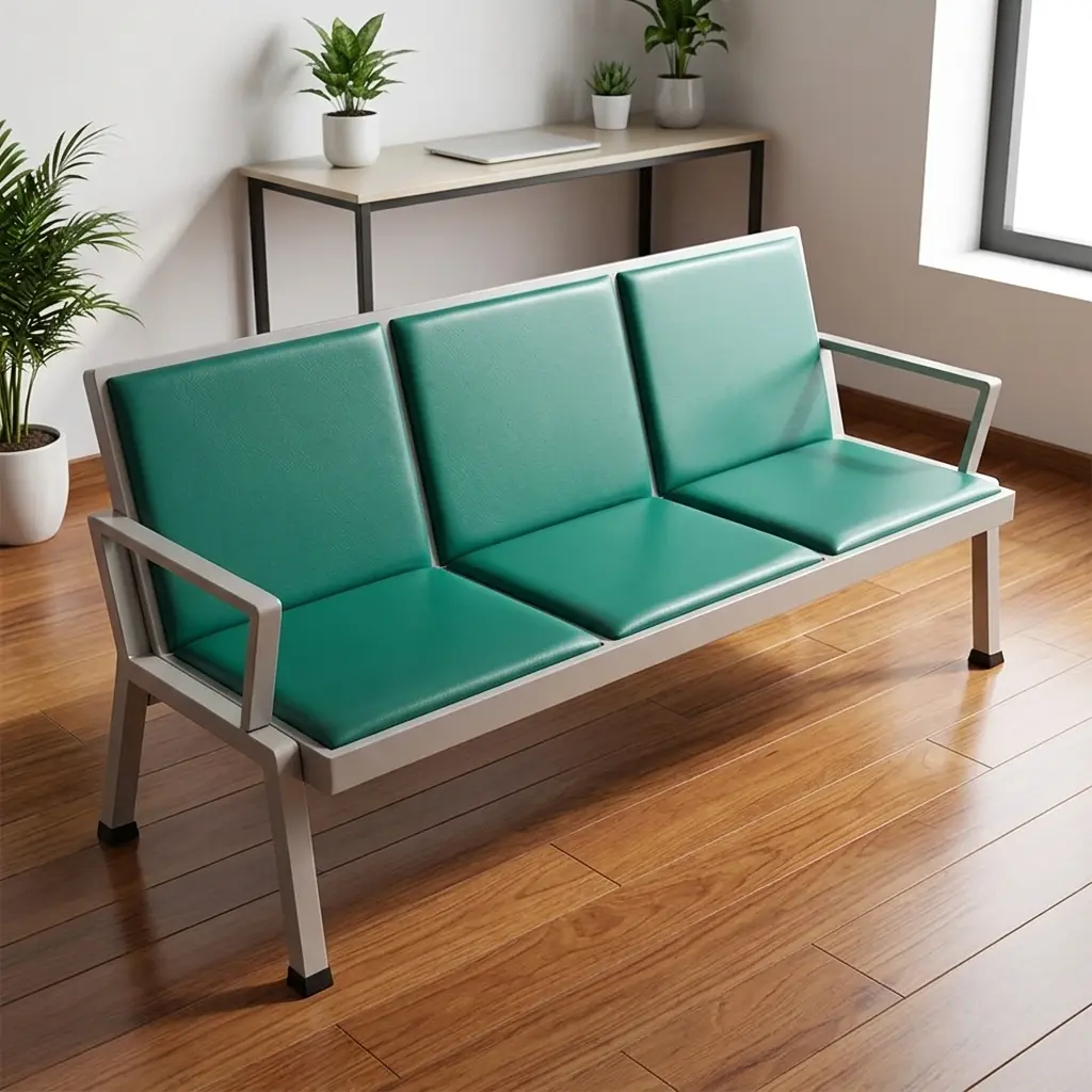 Green Three-Seater Heavy Duty Reception Bench with Durable Metal Frame and Padded Vinyl Seating for Healthcare or Office Waiting Areas