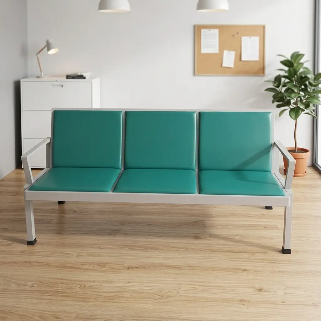 Green Three-Seater Heavy Duty Reception Bench with Durable Metal Frame and Padded Vinyl Seating for Healthcare or Office Waiting Areas