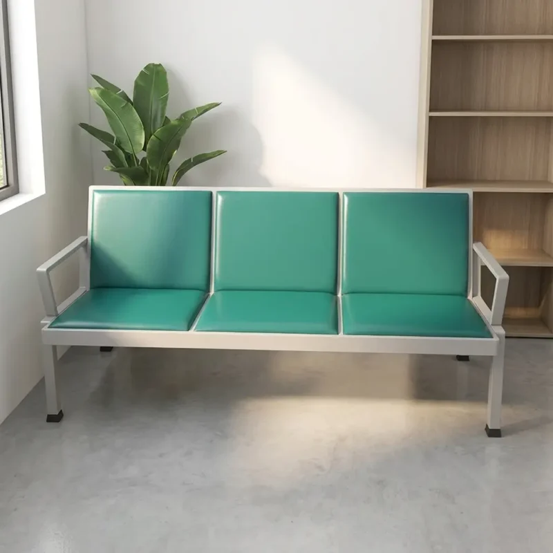 Green Three-Seater Heavy Duty Reception Bench with Durable Metal Frame and Padded Vinyl Seating for Healthcare or Office Waiting Areas