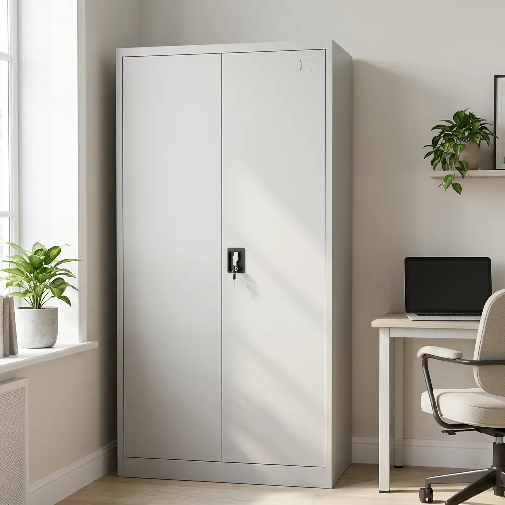 Durable White Steel Office File Cabinet with Two Full-Length Locking Doors and High-Capacity Secure Document Storage