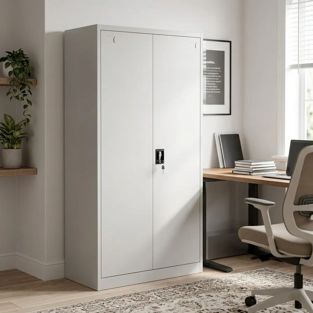 Durable White Steel Office File Cabinet with Two Full-Length Locking Doors and High-Capacity Secure Document Storage