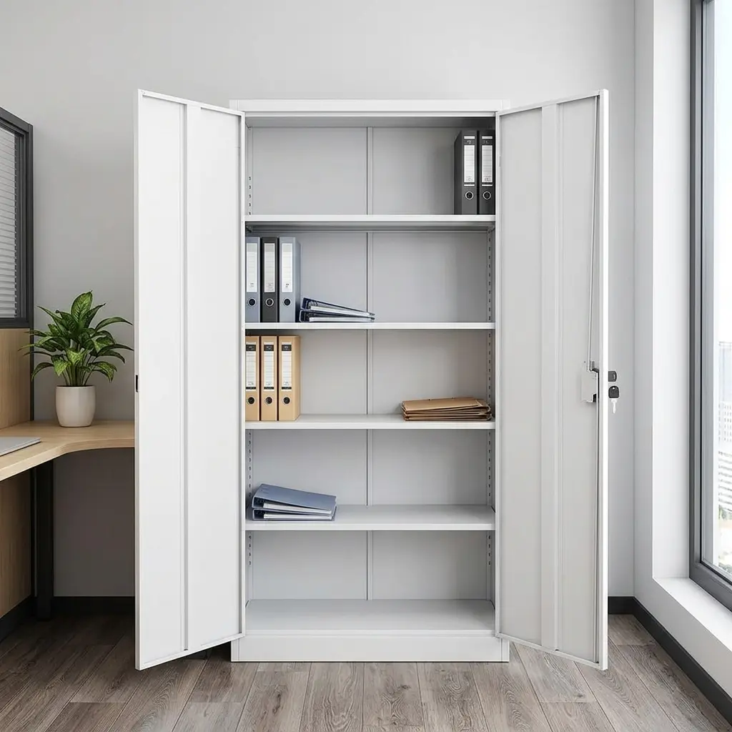 Durable White Steel Office File Cabinet with Two Full-Length Locking Doors and High-Capacity Secure Document Storage