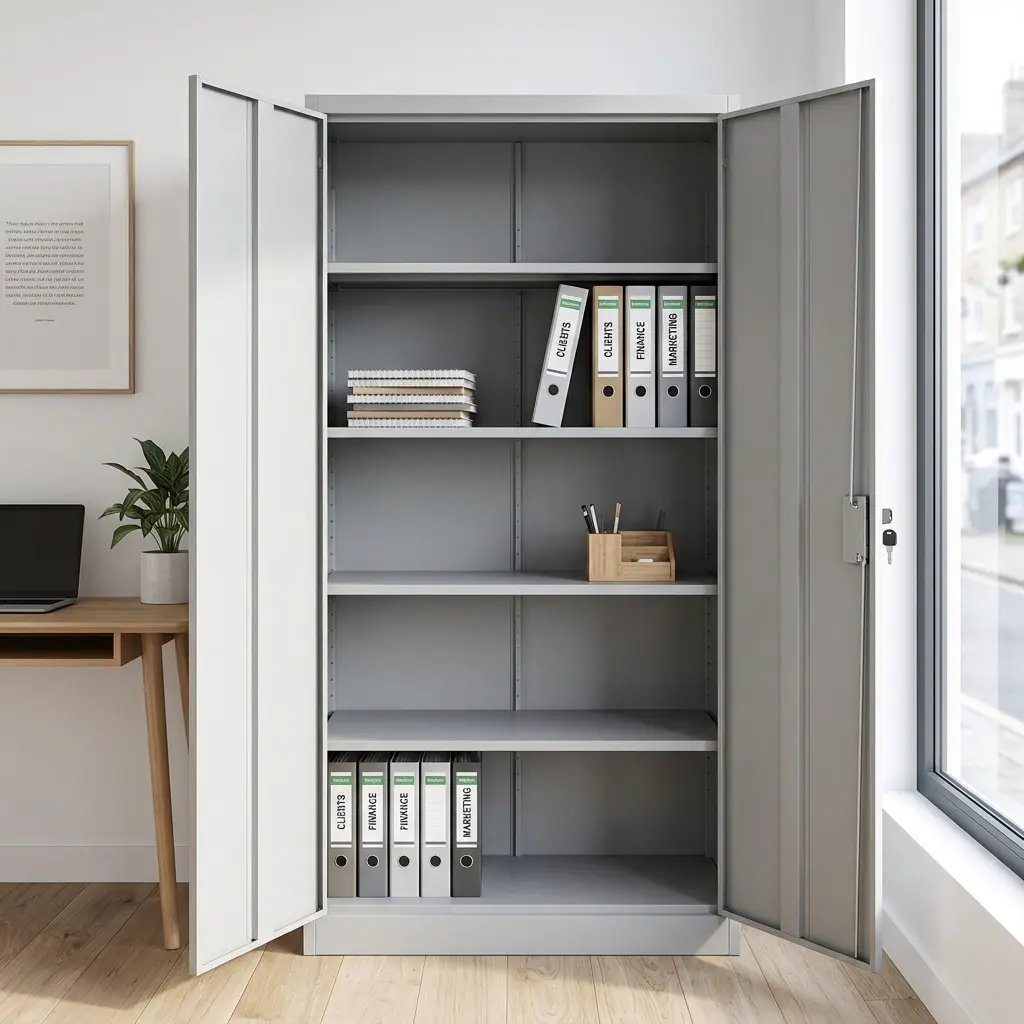 Durable White Steel Office File Cabinet with Two Full-Length Locking Doors and High-Capacity Secure Document Storage