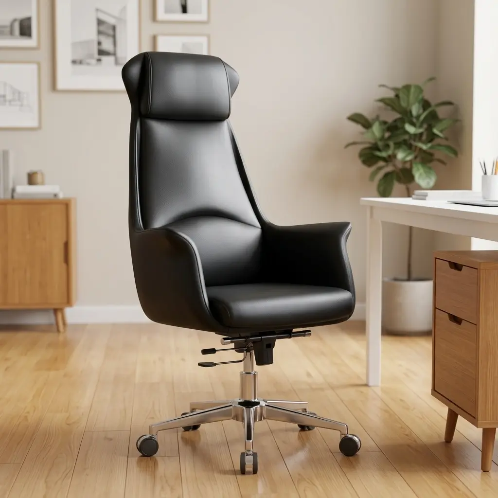 Luxury Black High-Back Executive Chair with Integrated Headrest, Ergonomic Winged Lumbar Support, and Polished Chrome Swivel Base