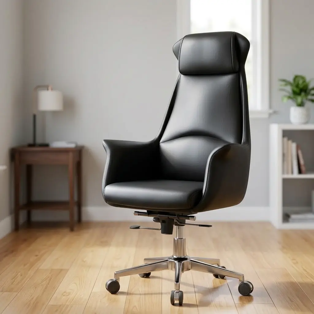 Luxury Black High-Back Executive Chair with Integrated Headrest, Ergonomic Winged Lumbar Support, and Polished Chrome Swivel Base