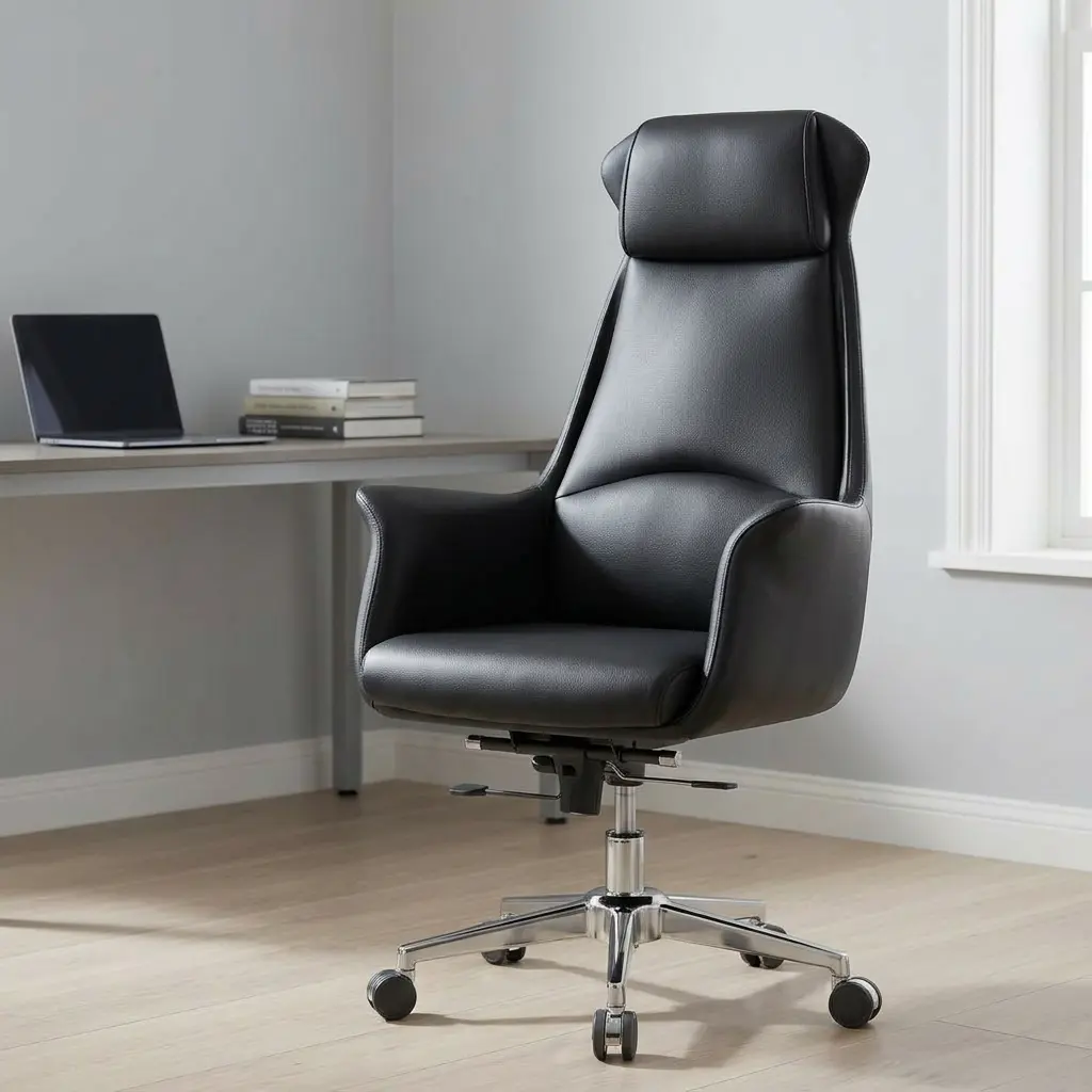 Luxury Black High-Back Executive Chair with Integrated Headrest, Ergonomic Winged Lumbar Support, and Polished Chrome Swivel Base