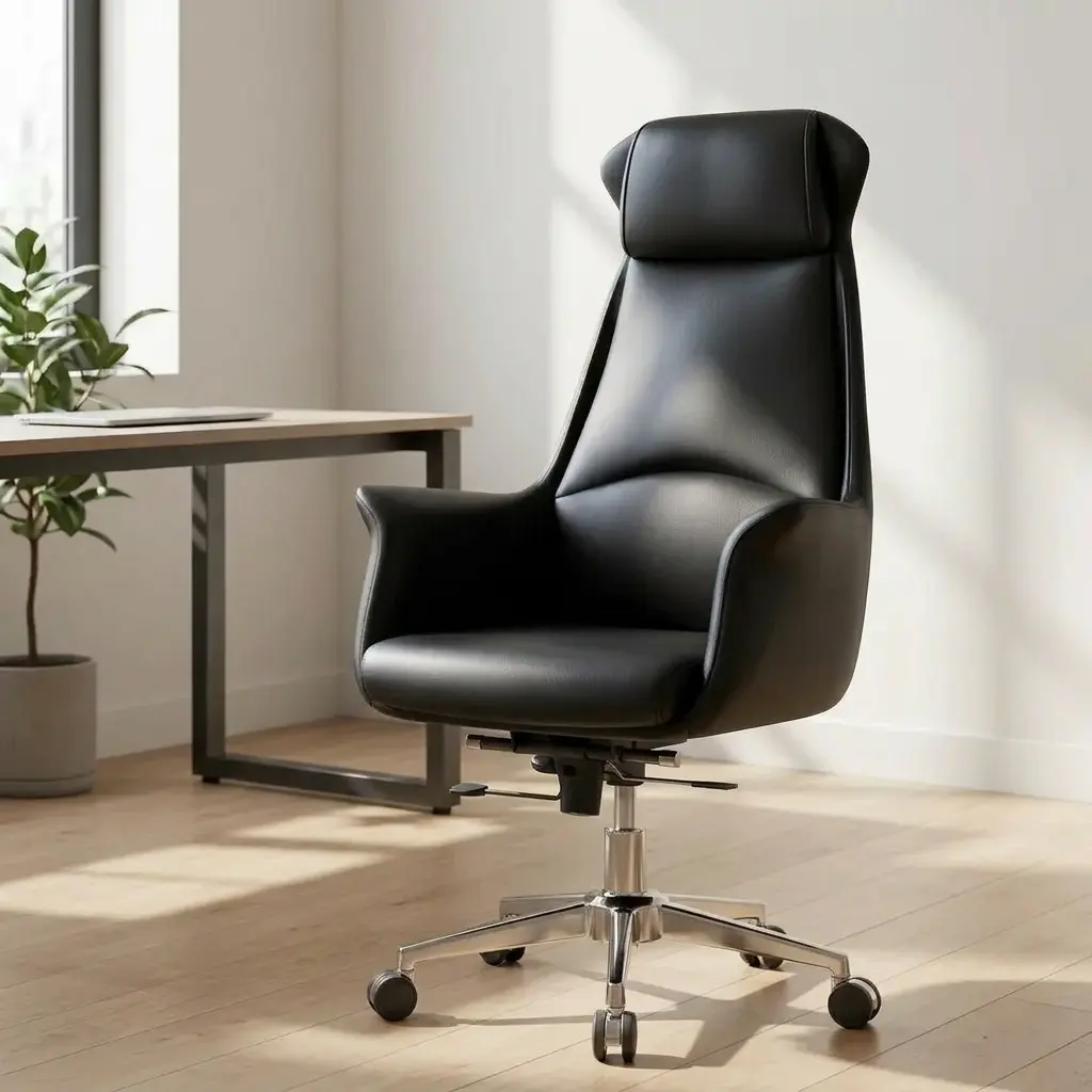 Luxury Black High-Back Executive Chair with Integrated Headrest, Ergonomic Winged Lumbar Support, and Polished Chrome Swivel Base