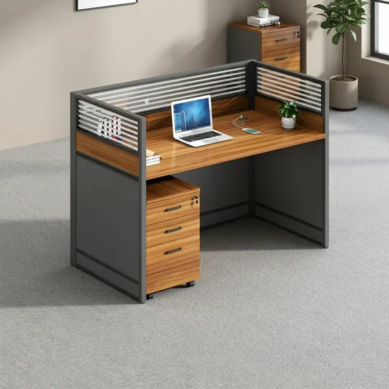 Modern 1-Way Office Workstation with Wood Grain Desk Surface, Privacy Screen Dividers, and Integrated Three-Drawer Locking Pedestal