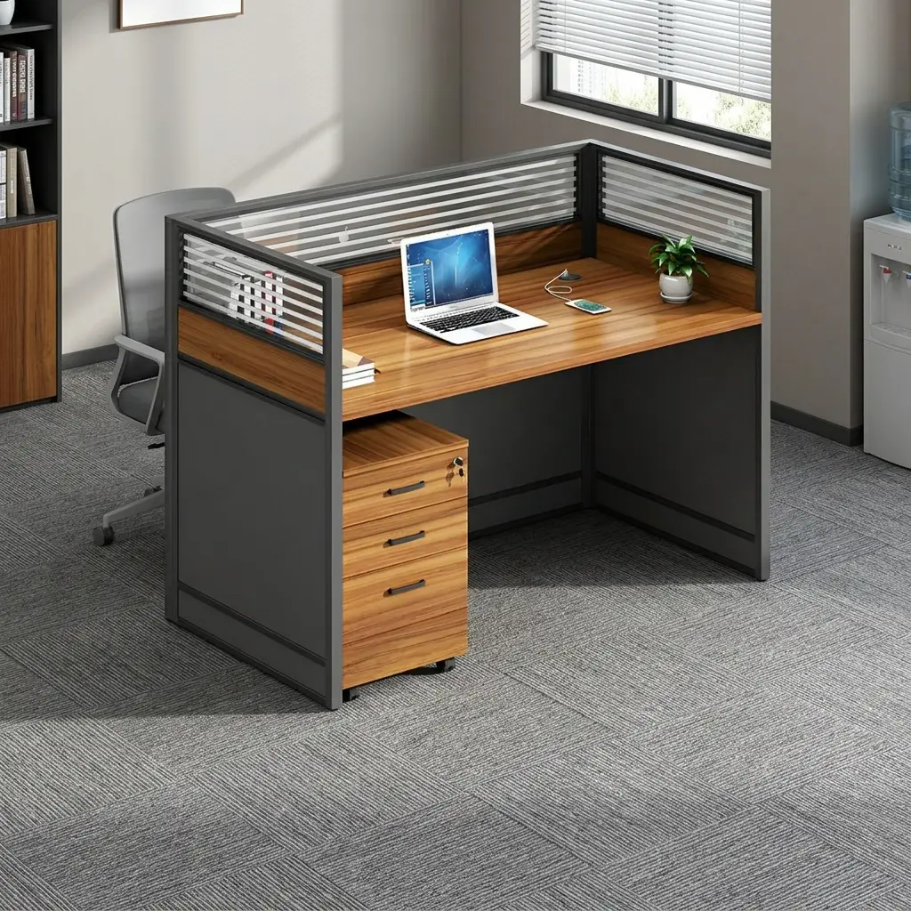 Modern 1-Way Office Workstation with Wood Grain Desk Surface, Privacy Screen Dividers, and Integrated Three-Drawer Locking Pedestal