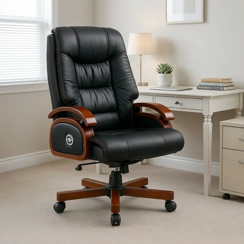 Luxury Ergonomic Reclining Executive Chair with Black Bonded Leather, High-Back Cushioning, and Classic Mahogany Wood Armrests and Swivel Base