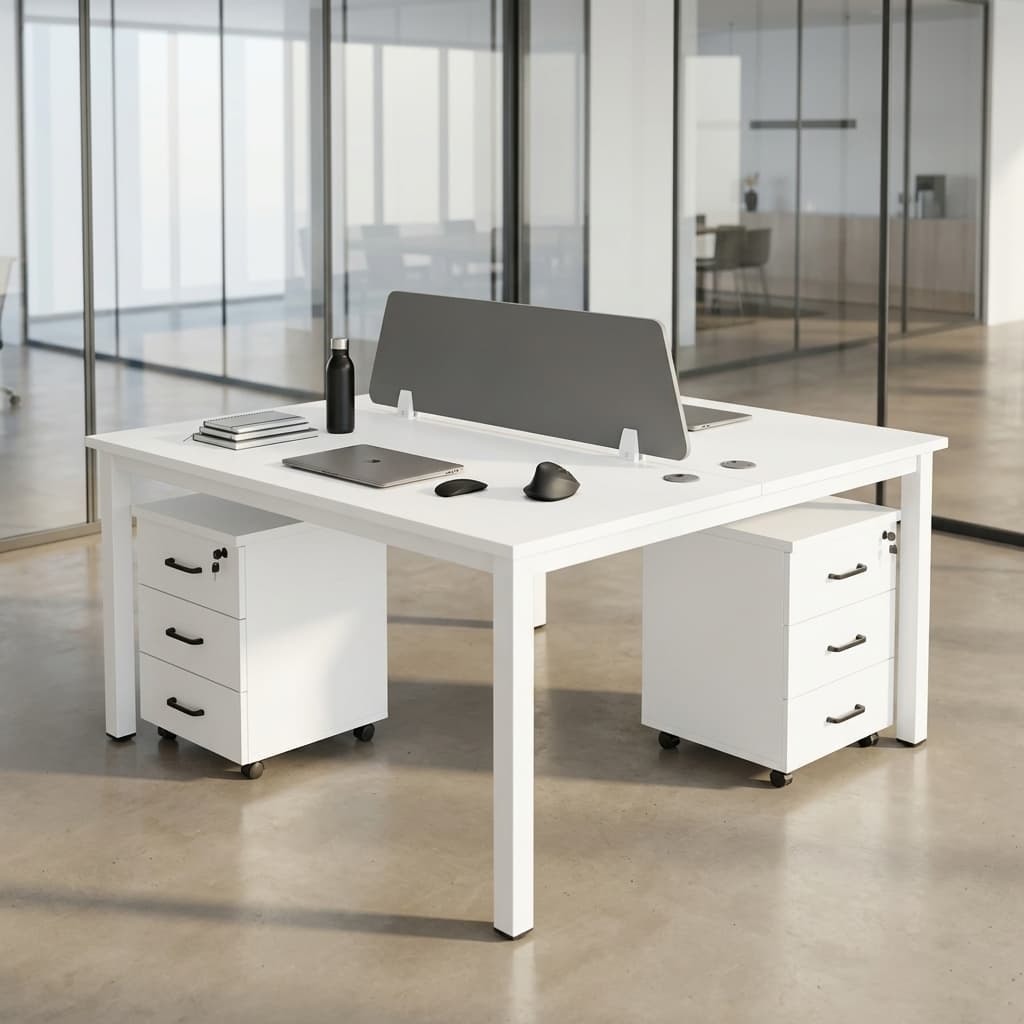 2 Person Office Workstation configured in a face-to-face minimalist layout, featuring crisp white rectangular tabletops on matching white square steel legs, a central dark grey fabric desktop privacy divider screen, and two matching white lockable 3-drawer under-desk mobile filing cabinets.