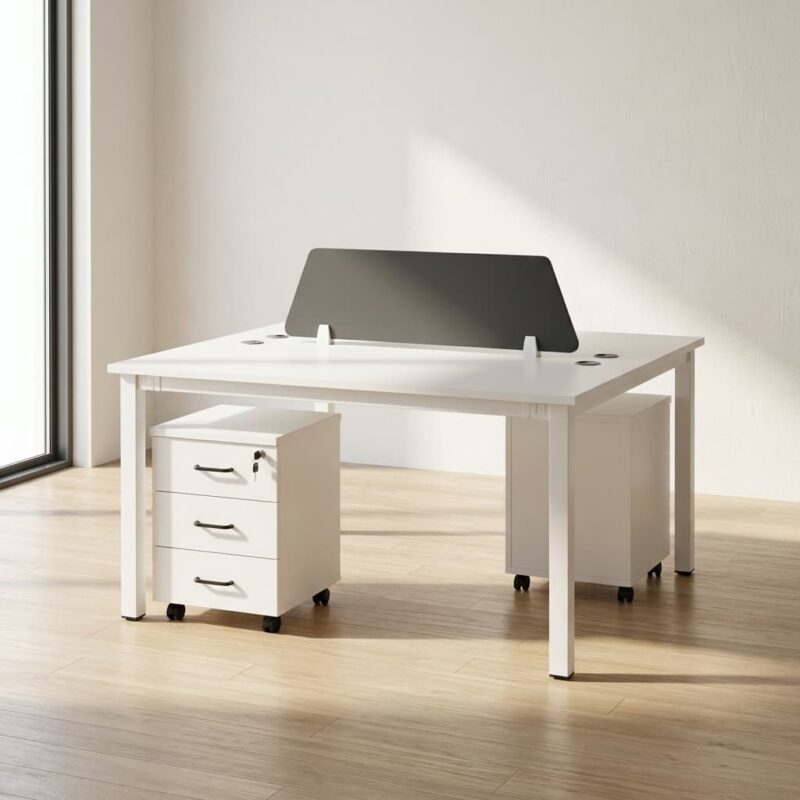 2 Person Office Workstation configured in a face-to-face minimalist layout, featuring crisp white rectangular tabletops on matching white square steel legs, a central dark grey fabric desktop privacy divider screen, and two matching white lockable 3-drawer under-desk mobile filing cabinets.