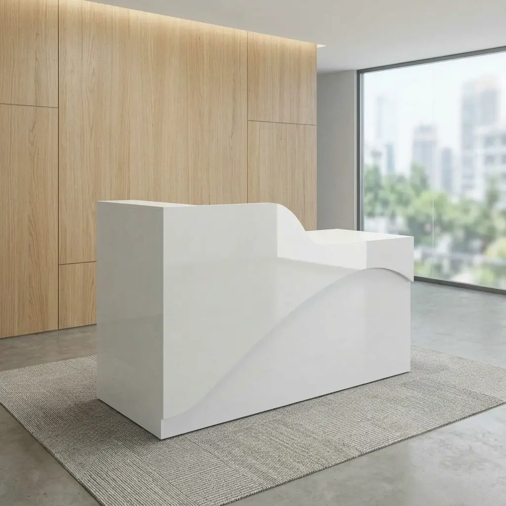 Modern 1.8m white reception desk with curved privacy counter panel and minimalist wave geometric accent, styled on a grey rug for salon, spa, or clinic front desk reception areas.