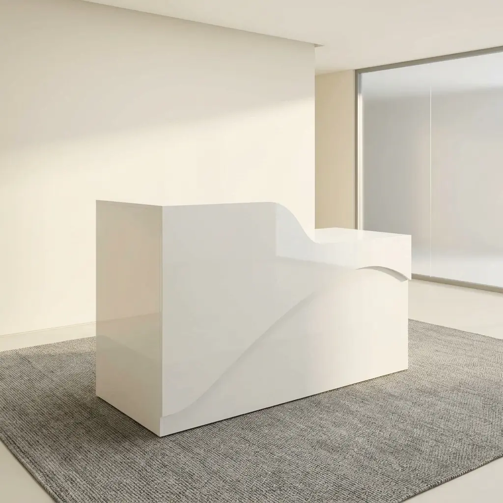 Modern 1.8m white reception desk with curved privacy counter panel and minimalist wave geometric accent, styled on a grey rug for salon, spa, or clinic front desk reception areas.